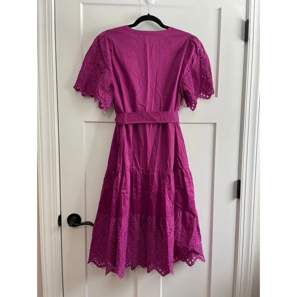 Soft Surroundings Magenta Cotton Eyelet Midi Dress Purple Tie Waist PM 3GD86 - Picture 10 of 10